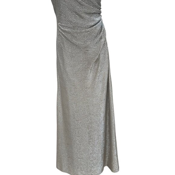 David Meister Silver One Shoulder Gown Formal Dress 8 Ruched Metallic Glam - Picture 8 of 12